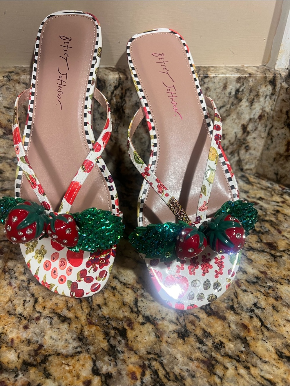 Betsey Johnson Red & Green Cherry Embellished Floral Slide Heels